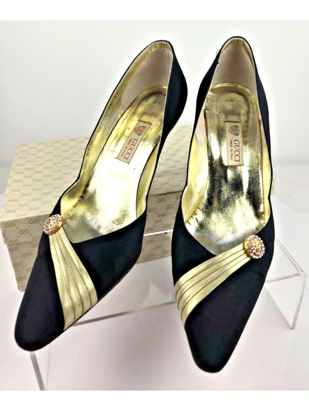Vintage Gucci Black and Gold Satin Heels with Rhinestone Detail